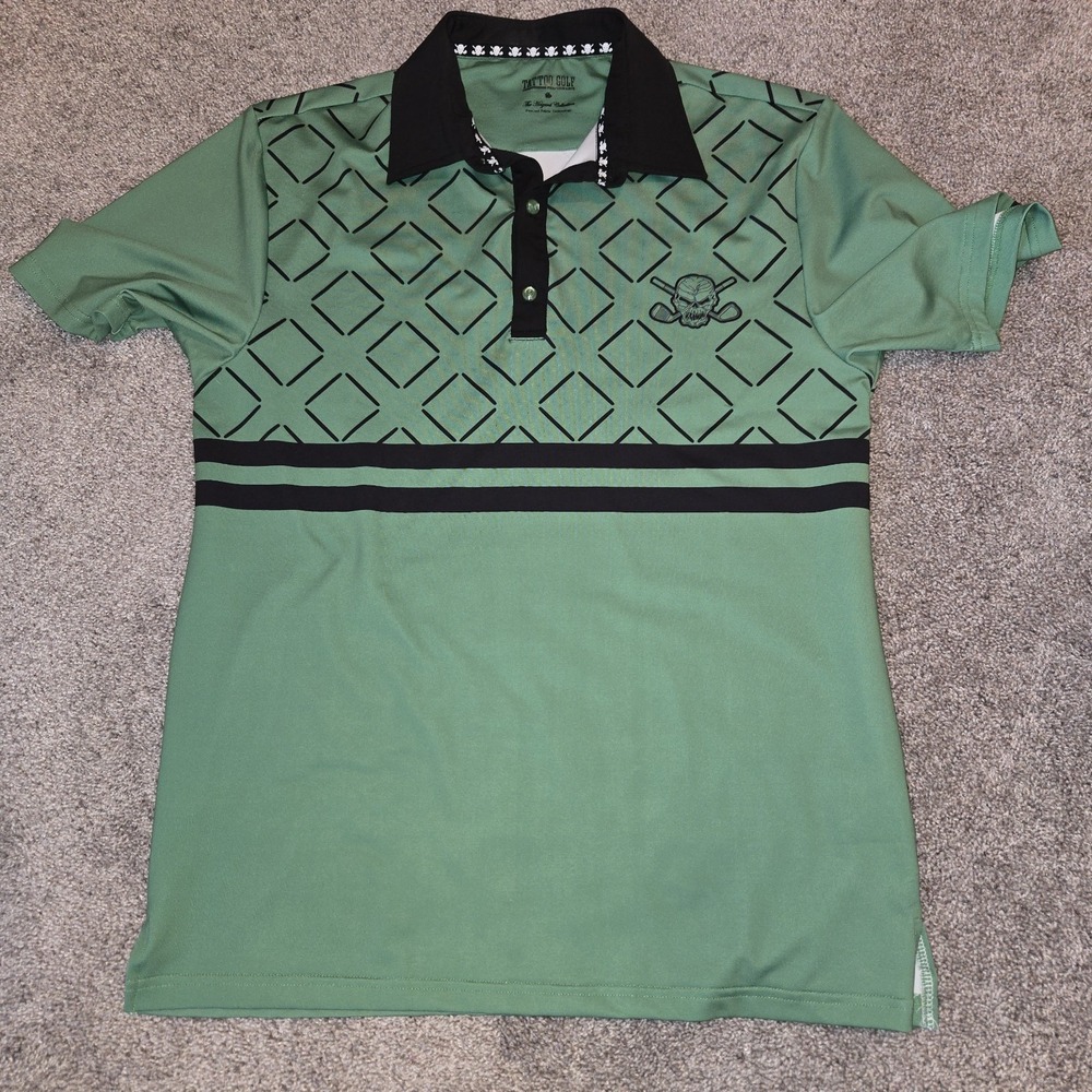 Tattoo Golf Performance Mens Hazard Collection Polo Shirt Green Skull Small